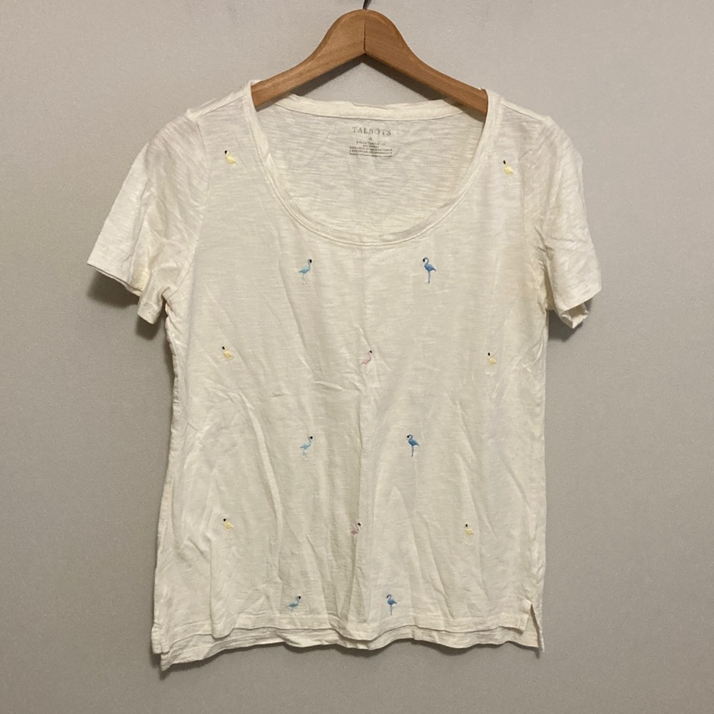 Talbots Flamingo Embroidered Scoop Neck Tee Ivory Cotton-Modal Blend Top medium